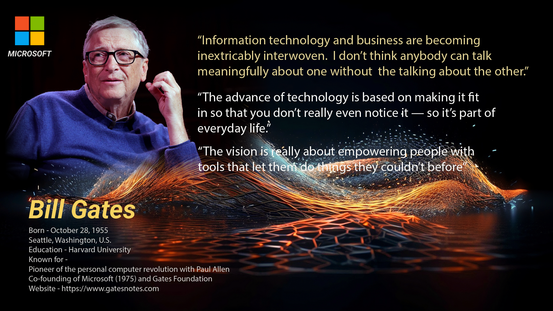 “Information technology and business are becoming inextricably interwoven. I don’t think anybody can talk meaningfully about one without the talking about the other.” – Bill Gates