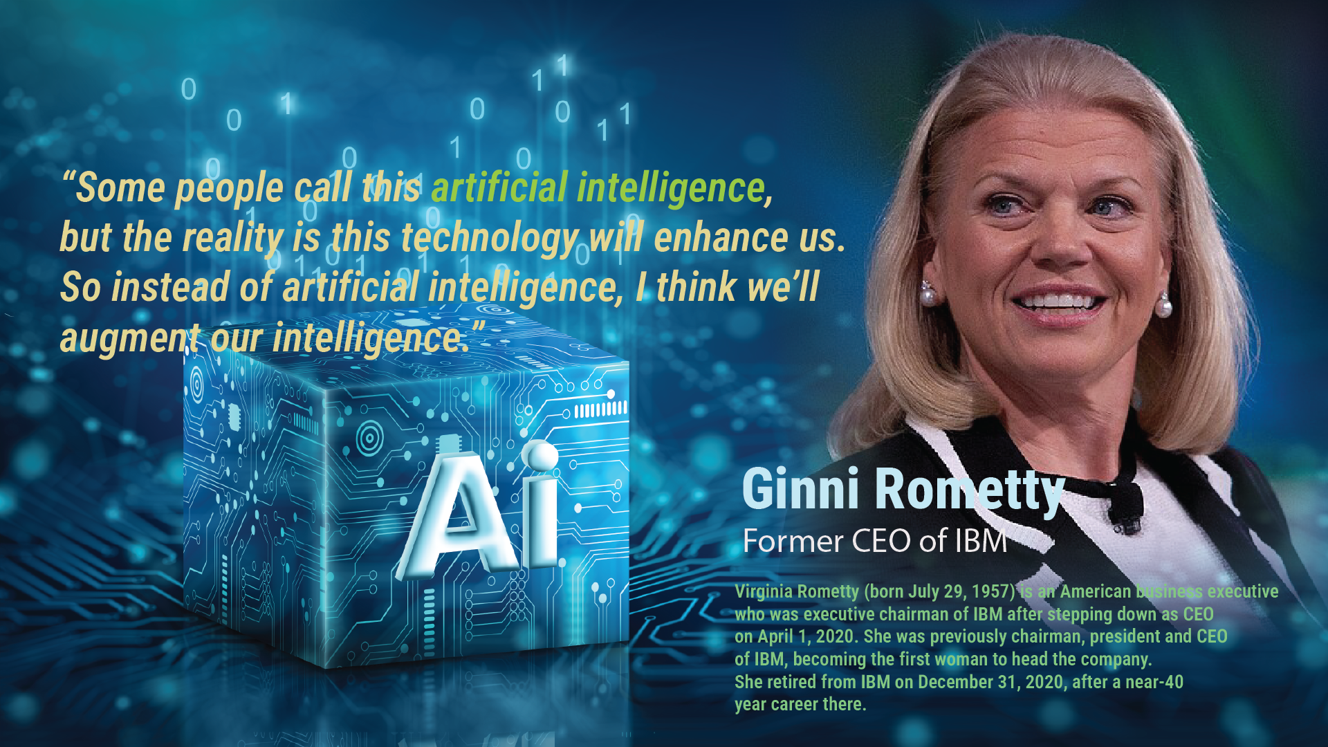 “Some people call this artificial intelligence, but the reality is this technology will enhance us. So instead of artificial intelligence, I think we’ll augment our intelligence.” – Ginni Rometti, Former CEO of IBM